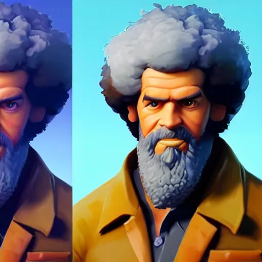 Image similar to Greg Manchess portrait painting of Bob Ross as fortnite character, medium shot, asymmetrical, profile picture, Organic Painting, sunny day, Matte Painting, bold shapes, hard edges, street art, trending on artstation, by Huang Guangjian and Gil Elvgren and Sachin Teng