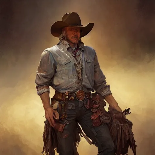 Image similar to a male rugged cowboy, bleeding, D&D, fantasy, intricate, elegant, highly detailed, digital painting, artstation, concept art, smooth, sharp focus, illustration, art by artgerm and greg rutkowski and alphonse mucha