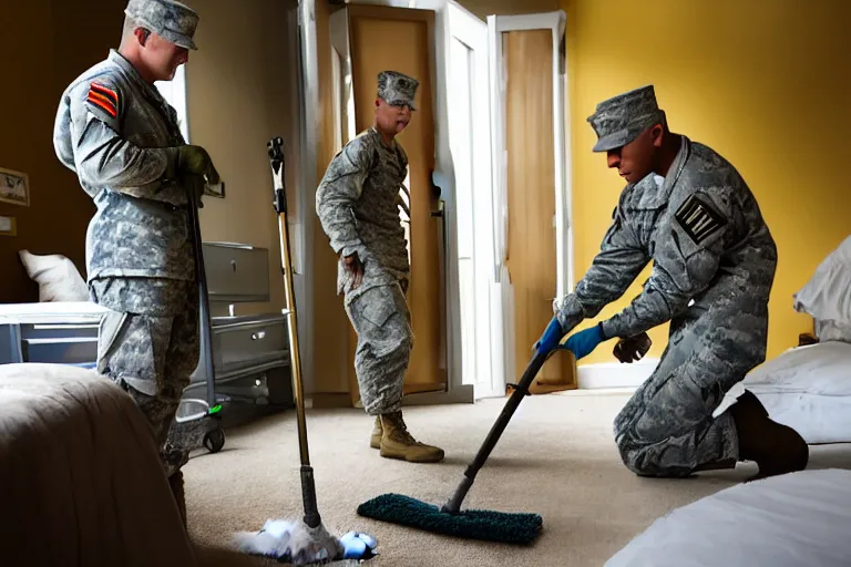 Image similar to a new yorker style cartoo of a soldier cleaning a room