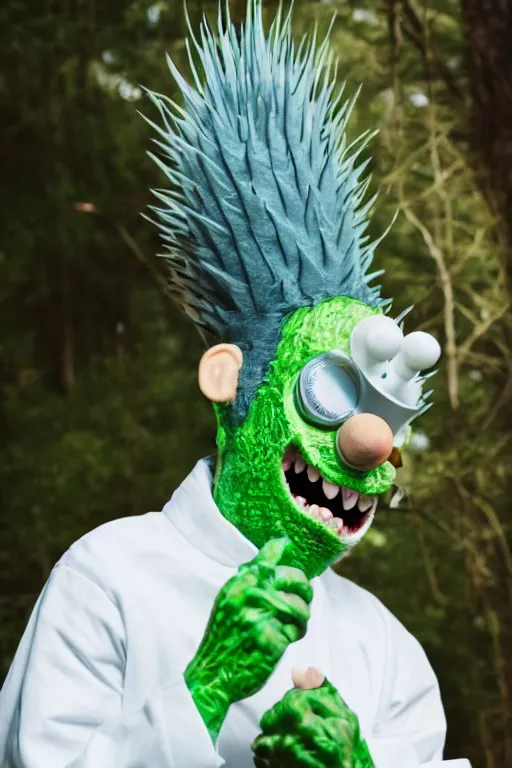 Image similar to real life pickle rick with white labcoat and blue spiky hair, zeiss lens, photography