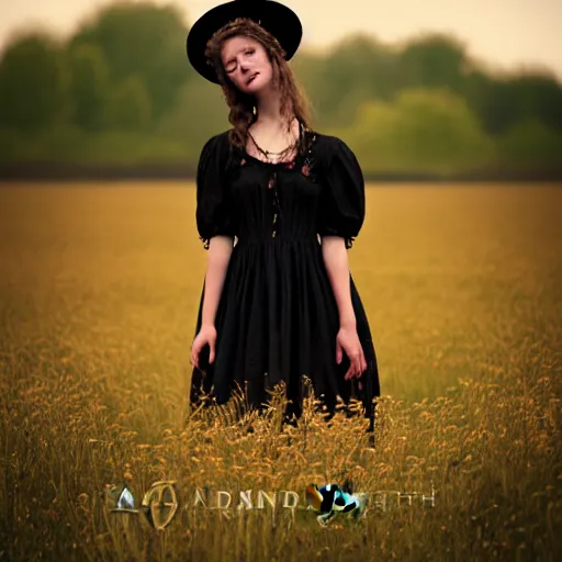 Image similar to a girl standing in a field, wearing black old dress and hat, detailed hands, by andrea kowch, andrea kowch, dark, dark, scene, magicrealism, flowers in background,
