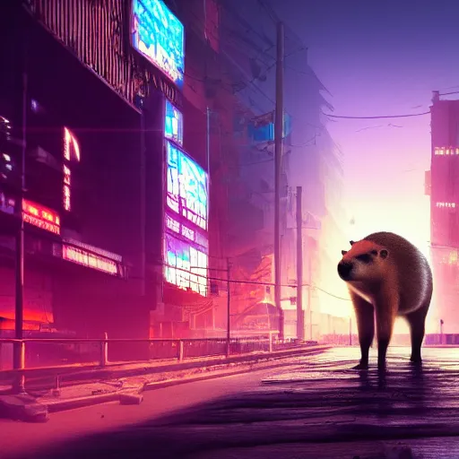 Prompt: Capybara in a cyberpunk city, photorealistic, HDR, 4k, wallpaper, epic, Cinematic, ray-traced, 8k, unigine render