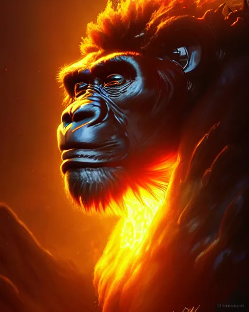 Image similar to gorilla - bodied lion - headed dragon - scaly head burning superhero, glam, power, glowing lights intricate, elegant, highly detailed, digital painting, artstation, concept art, smooth, sharp focus, illustration, art by artgerm and greg rutkowski and fra angelico and unreal engine 5