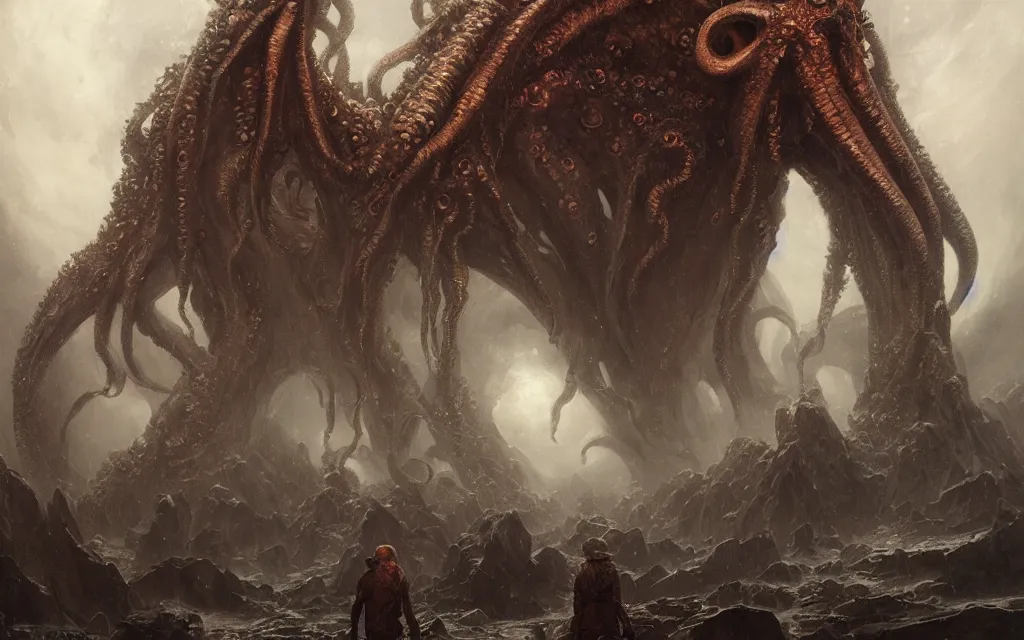 Image similar to human looking at big monstrosity portrait of cthulhu, hyperdetailed, artstation, cgsociety, by greg rutkowski, by gustave dore