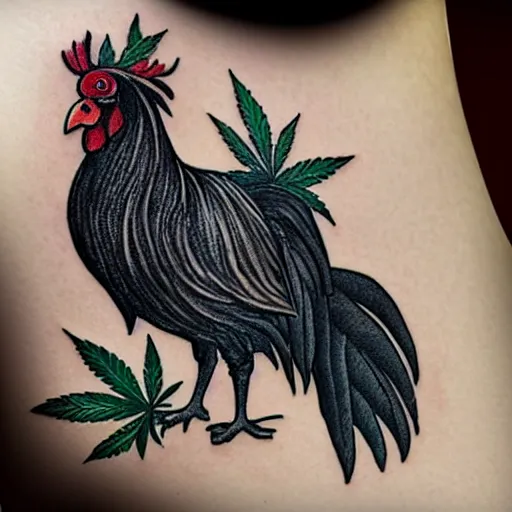Prompt: adorable black rooster with a cannabis leaf tattoo design