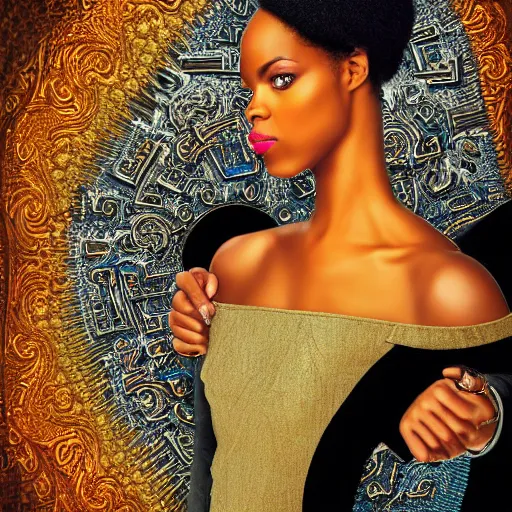 Image similar to hyperdetailed maximalist elaborate half - lenght portrait of a futuristic a beautiful black girl, wearing luxury clothing. rococo architecture, in the style of modigliani and mixed media collage. matte background hd 8 x