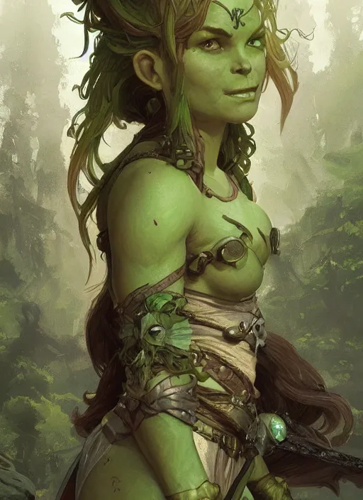 Prompt: a beautiful cute young green orc girl, D&D, fantasy, intricate, cinematic lighting, highly detailed, digital painting, artstation, concept art, smooth, sharp focus, illustration, art by Terry Moore and Greg Rutkowski and Alphonse Mucha