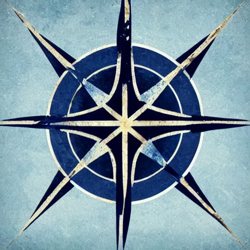 Prompt: flag that has dark blue field charged with a white compass rose emblem, with four white lines radiating from the four cardinal directions waving over pond of dead fish, oil painting, 2 d hd, artstation, wallpaper, epic, graphic novel