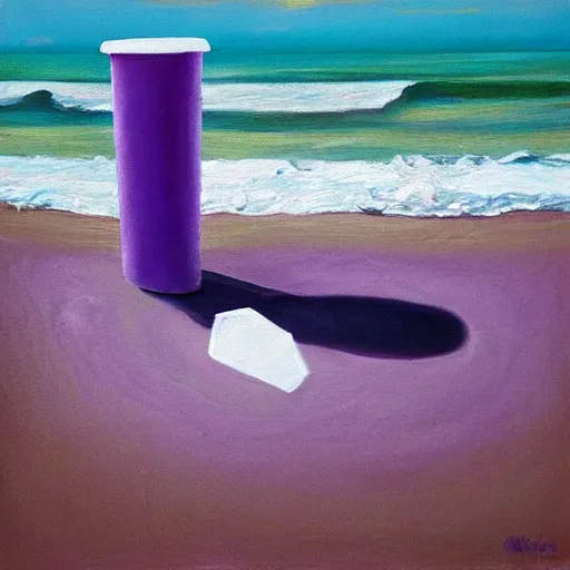 Image similar to an oil painting of a giant white styrofoam cup on the beach, the beach has purple water, surrealism