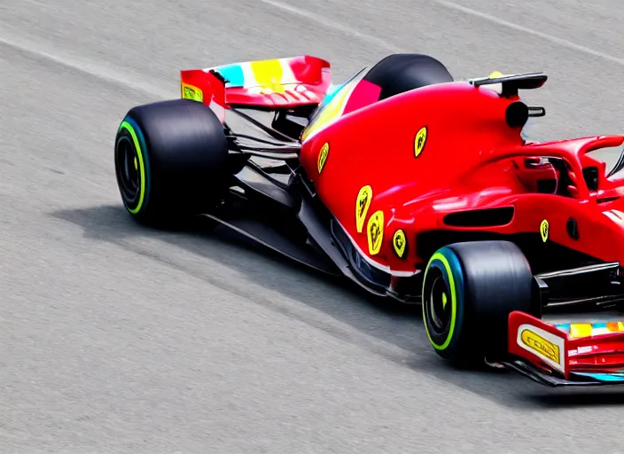 Prompt: live action photo of the 2 0 2 1 f 1 ferrari car, with clown themed livery, 8 k, hdr, sports photography