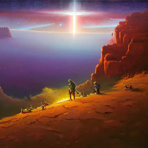 Prompt: The cliff overlooking the edge of the universe, RHADS and paul lehr