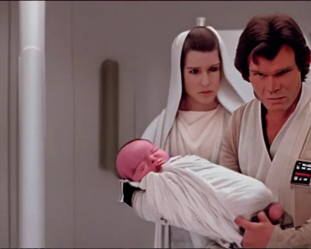 Prompt: screenshot of Han Solo standing next to Princess Leia Organa holding a new born baby in a swaddle, alone, pensive, iconic scene from 1980s Star Wars film directed by Ridley Scott, in a sci fi nursing home architecture, last jedi, 4k HD sharp, cinematic still frame, photoreal, detailed face, moody lighting, stunning cinematography, anamorphic lenses, kodak color film stock