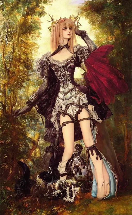 Prompt: gothic princess girl in dragon armor, victorian dress, misa amane, battle angel alita. by rembrandt 1 6 6 7, illustration, by konstantin razumov, vibrant colors,