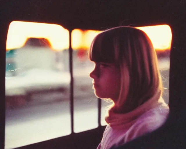 Image similar to lomo photo of shy goth girl sitting in empty bus, sunset, cinestill, bokeh