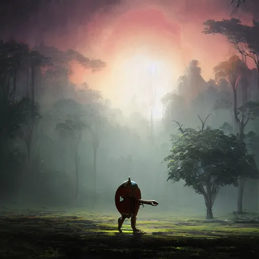 Image similar to a lone spartan warrior aftermatch scavenging for food in the wilderness casper david friedrich raphael lacoste vladimir kush leis royo volumetric light effect broad light oil painting painting fantasy art style sci - fi art style realism artwork unreal engine