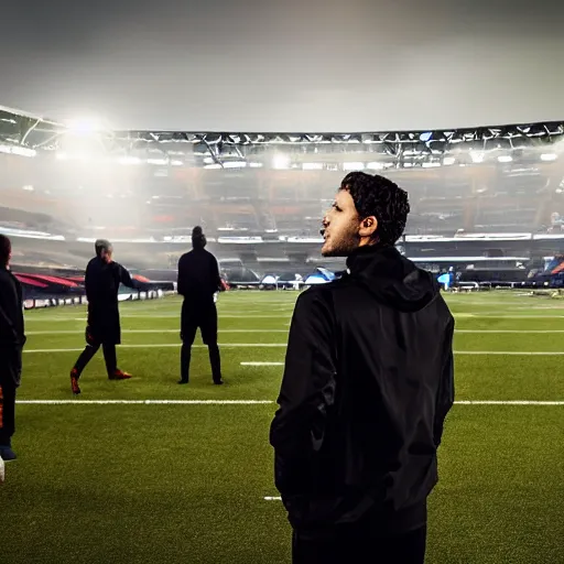 Prompt: A stoic football manager directing his team on the sideline of a giant gothic stadium, apocalyptic sky