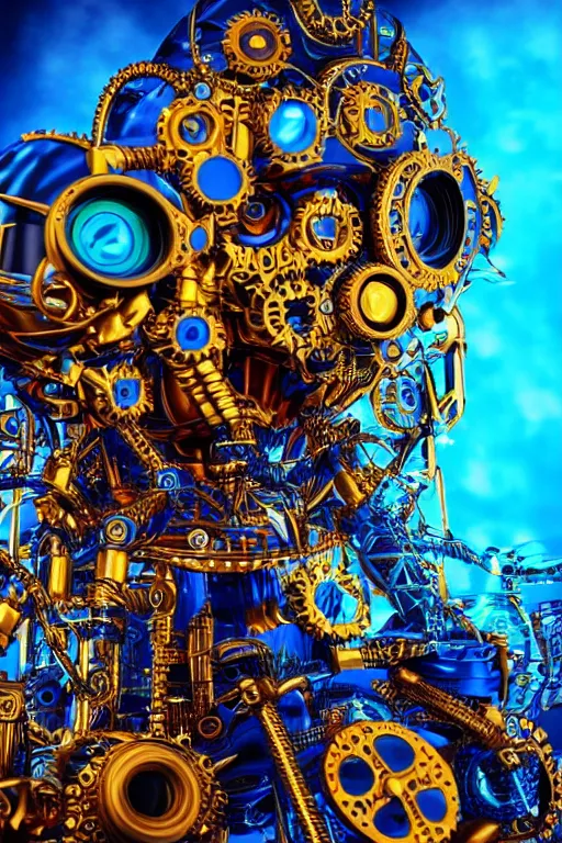 Prompt: photo of a giant huge golden and blue metal steampunk robothead covered with multicolored tubes and gears, eyes are glowing red lightbulbs, arms are made of guitars, shiny crisp finish, 3 d render, 8 k, insaneley detailed, fluorescent colors, background is multicolored lasershow