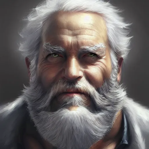 Prompt: Old man, vivid cyan eyes, bushy white beard, digital painting, lots of details, extremely detailed, 4k, intricate, brush strokes, Mark Arian, Artgerm, Bastien Lecouffe-Deharme