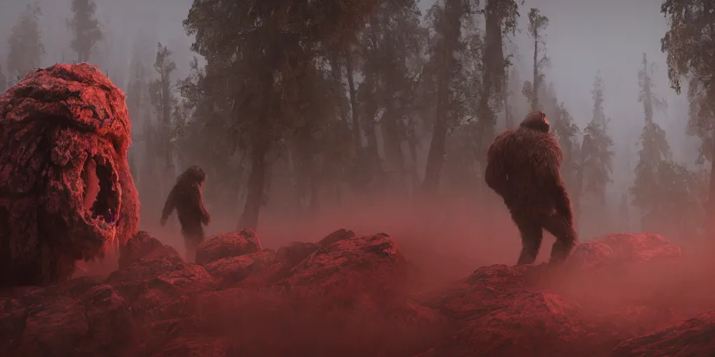 Image similar to the end is near. a tired yeti and bigfoot standing in the atlas mountains. face is highly detailed. splices of red are running down his toga. mist. color scheme red. low angle close shot. atmospheric. global illumination. unreal engine render. imagined by jeremy lipking