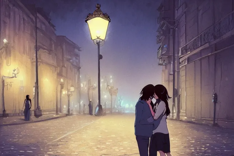 Prompt: a zombie couple kissing under a street lamp in Buenos aires at night, dark blue long hair, muted colors, matte print, pastel colors, ornate, digital art, cute smile, digital painting, fan art, elegant, pixiv, by Ilya Kuvshinov, by Studio Ghibli