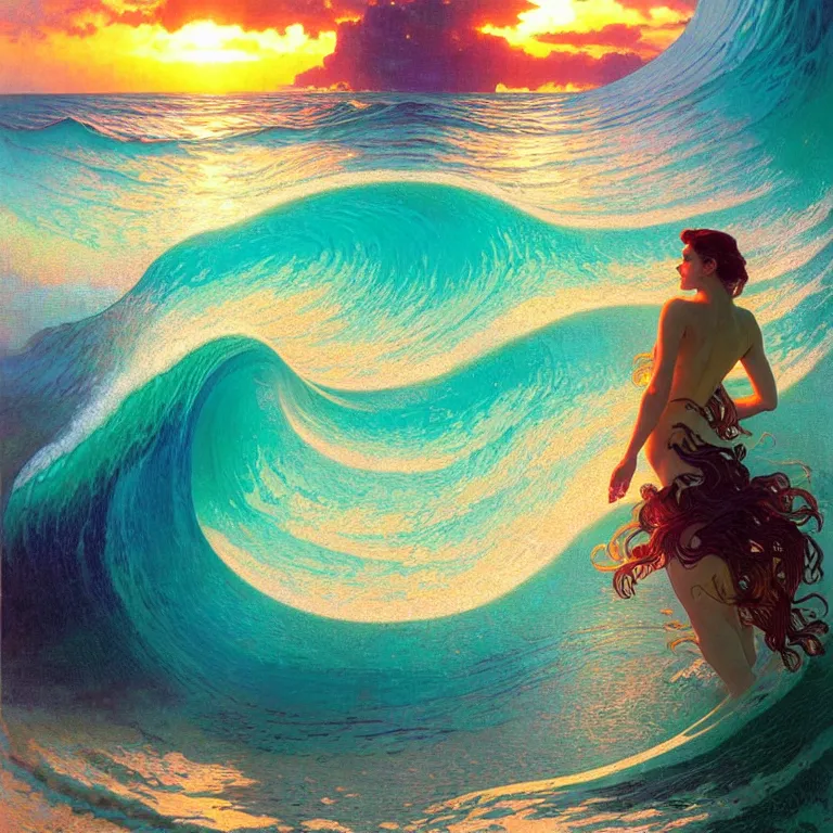 Image similar to ocean wave around orchid, lsd water, dmt waves, backlit, sunset, refracted lighting, art by collier, albert aublet, krenz cushart, artem demura, alphonse mucha