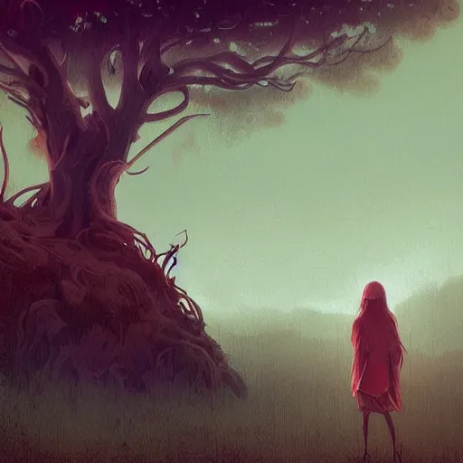 Prompt: critical detail, digital art, wlop by ( jeremiah ketner and leonardo da vinci and greg rutkowski ), cinematic, contrasting colors, a tree stands alone on a simple landscape of epic proportions, a simple textured vector based illustration, atmospheric dreamscape painting, sharp focus