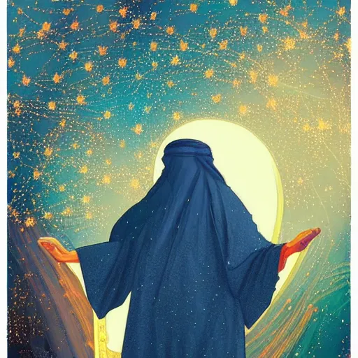 Prompt: kenny as an muslim arab, trending on artstation! dream bedouin in white abaya with his hands raised towards the sky praying, he is in a mosque, concept art, intricate details, vibrant colors by anato finnstark