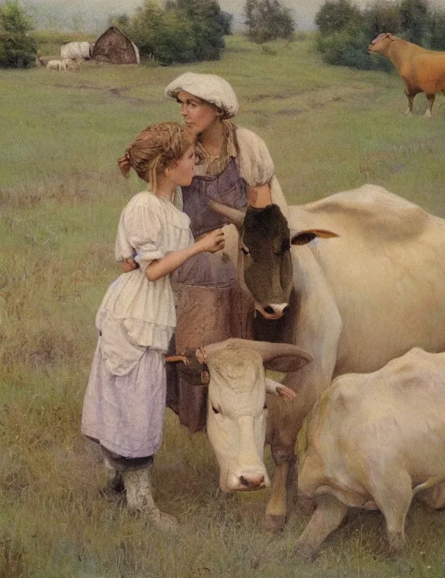 Image similar to portrait of peasant girl and cow on a farm, cottage core, polaroid photo bleached vintage pastel colors high - key lighting, soft lights, foggy, by steve hanks, by lisa yuskavage, by serov valentin, by tarkovsky, 8 k render, detailed, oil on canvas
