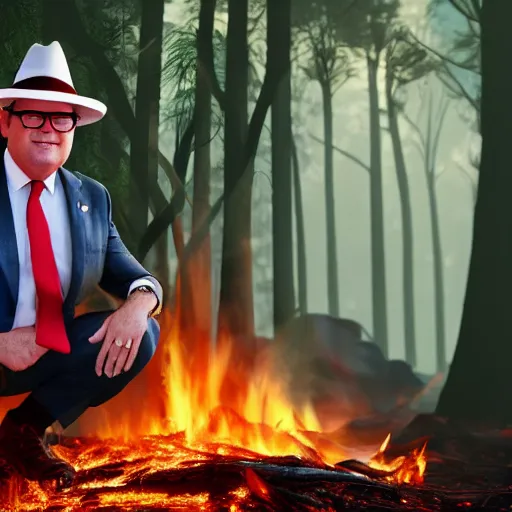 Prompt: Prime Minister Scott Morrison in front of a forest fire, wearing shorts and a Hawaiian hat, hose in the ground, smoke, , cinematic, hyper realism, high detail, vivid colors, octane render, unreal engine, 8k