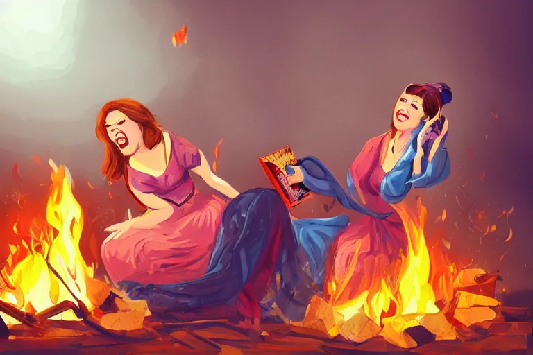 Image similar to a crazy opera singer hurries up to pack daughter's things in suitcase, surrounded with fire, clothes are flying around in room, digital art, trending on artstation