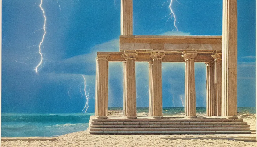 Image similar to A 1985 vintage magazine architecture photo of a beach doric temple, mediterranean architecture, refracted lines and sparkles, thunderstorm outside, beach on the background major arcana sky and occult symbols, hyperrealistic, award-winning, 1985