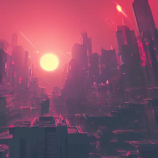 Image similar to cyberpunk world based on an island with sunset behind it