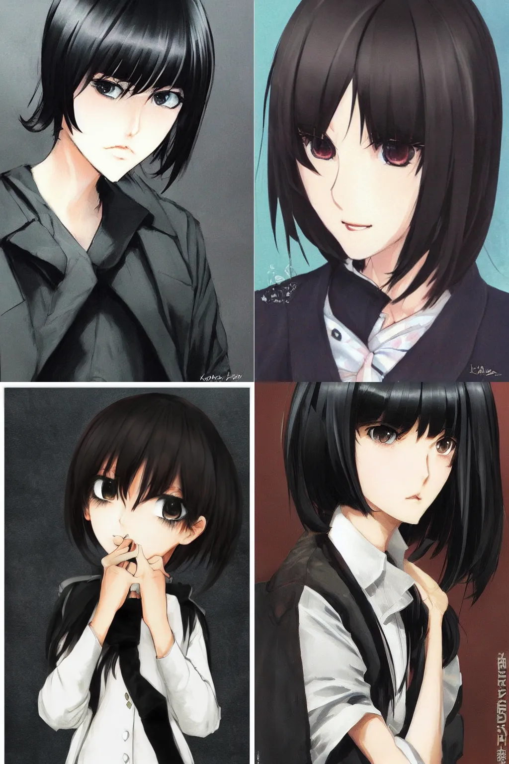 Prompt: manga girl with a stylish coat by krenz cushart, black medium length Dutch bob cut hair with straight bangs, poster