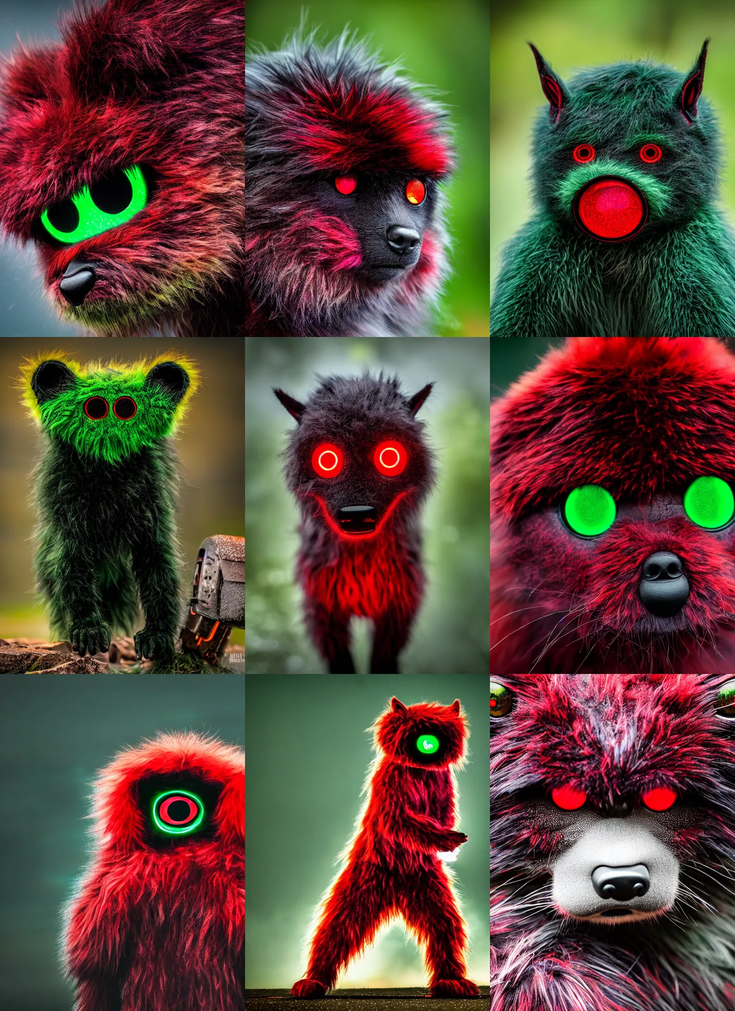 Prompt: hyperrealistic and heavy detailed glowing red eyes dark green furry monster 3 heads, sony a 7 siii sigma 2 4 - 7 0 mm f / 2. 8, vivid color, high quality, high textured, real life, full body in shot, far distance, thunder storm