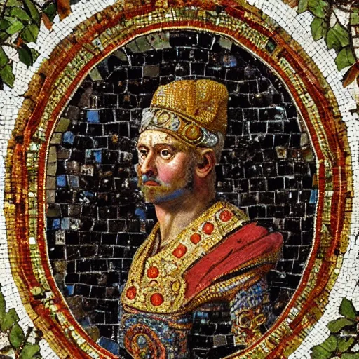 Prompt: incredibly beautiful, colorful, graceful, elegant, and sophisticated, detailed majestic portrait of ancient roman emperor probus in zeugma mosaic, made by rembrandt, many small and colorful stones, extreme detail, grapevines and vine foliage details