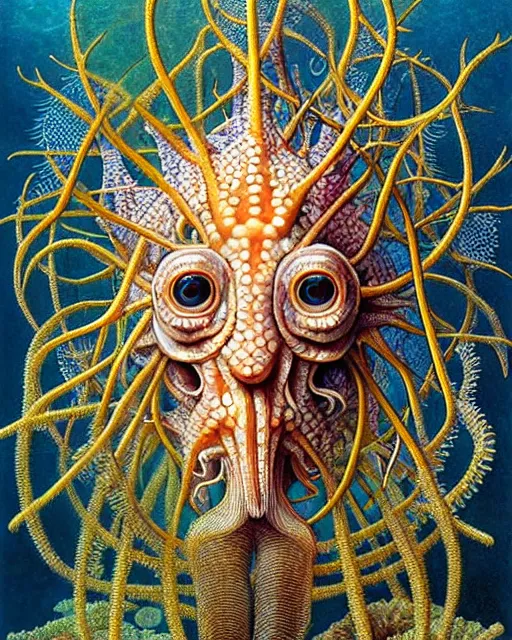 Image similar to hyperrealistic detailed underwater face portrait of the beautiful god of the fish with an intricate headgear of corals, sea kelp, sea plants, fish, starfish, jellyfish, art by ernst haeckel, hieronymus bosch, gothic, neo - gothic, ornamental, beautiful deep colours,