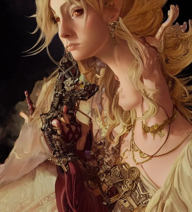 Image similar to portrait of of young beautiful goddess of chaos, d & d, baroque dress, elegant, flat lighting, intricate, highly detailed, digital painting, artstation, concept art, smooth, sharp focus, illustration, closeup, misa amane, art by simon bisley and greg rutkowski and alphonse mucha, natural tpose