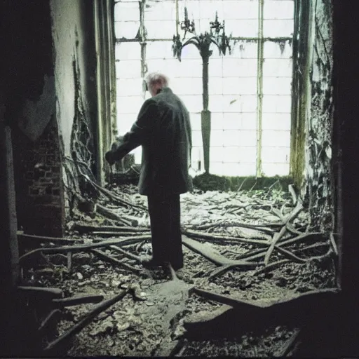 Prompt: an old man shaking hands with a skeleton in an abandoned building, liminal, gothic, eerie, intricate, detailed, award winning photograph, cinestill 8 0 0 t,