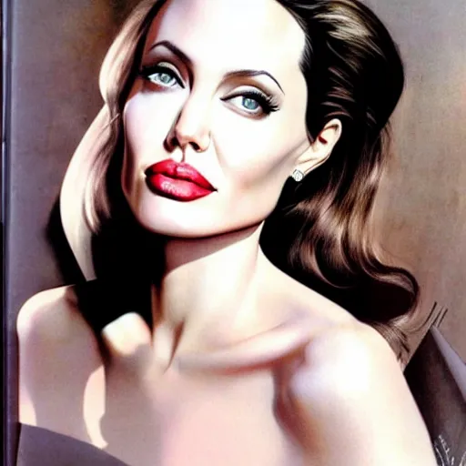 Image similar to Angelina Jolie portrait, color vintage magazine illustration 1950