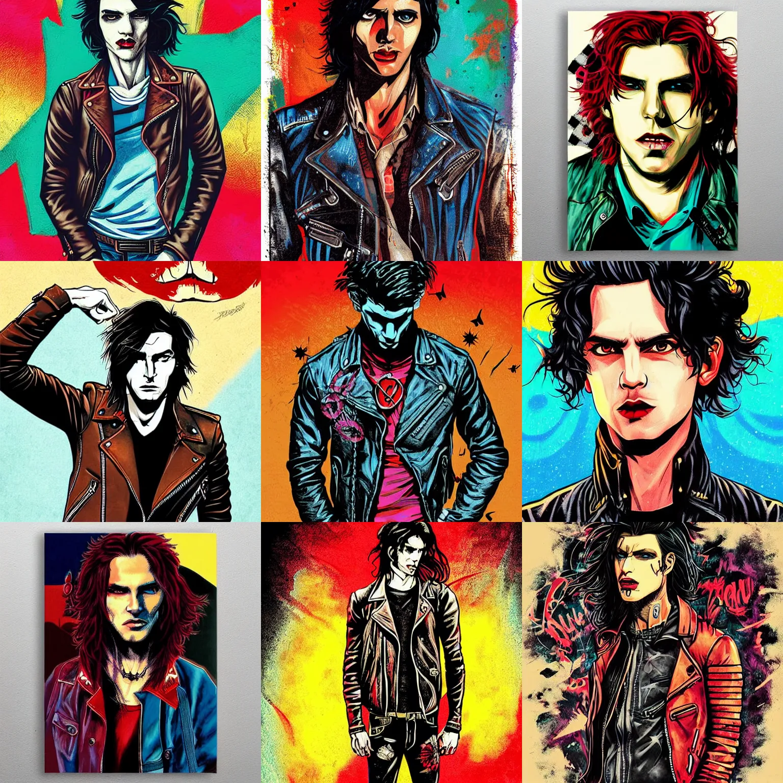 Prompt: colorful dramatic poster comic art, beautiful young male vampire with very long curly dark hair and pretty red eyes, leather jacket and denim vest, grunge art, punk rock, dan mumford, rafael albuquerque, symmetrical face