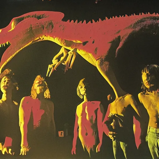 Prompt: Pink Floyd performing a concert to dinosaurs, cave painting