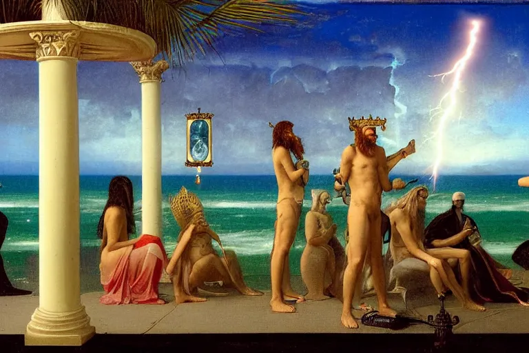 Prompt: Occult spirit on front of balustrade and palace columns, refracted lightnings on the ocean, thunderstorm, tarot cards characters, beach and Tropical vegetation on the background major arcana sky and occult symbols, by paul delaroche, hyperrealistic 4k uhd, award-winning, very detailed paradise
