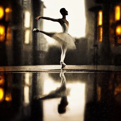 Prompt: portrait of a ballerina dancing in the rain, cinematic light and reflections, beautiful dreamy lighting,