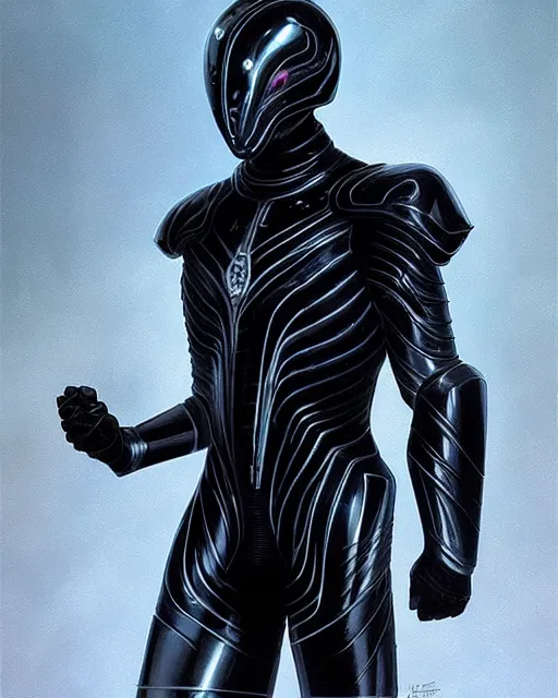 Image similar to iridescent wiry smooth muscular male sleek glossy black pearlescent scifi armor with smooth black featureless helmet, by greg rutkowski and mark brookes and jim burns and tom bagshaw and magali villeneuve, trending on artstation