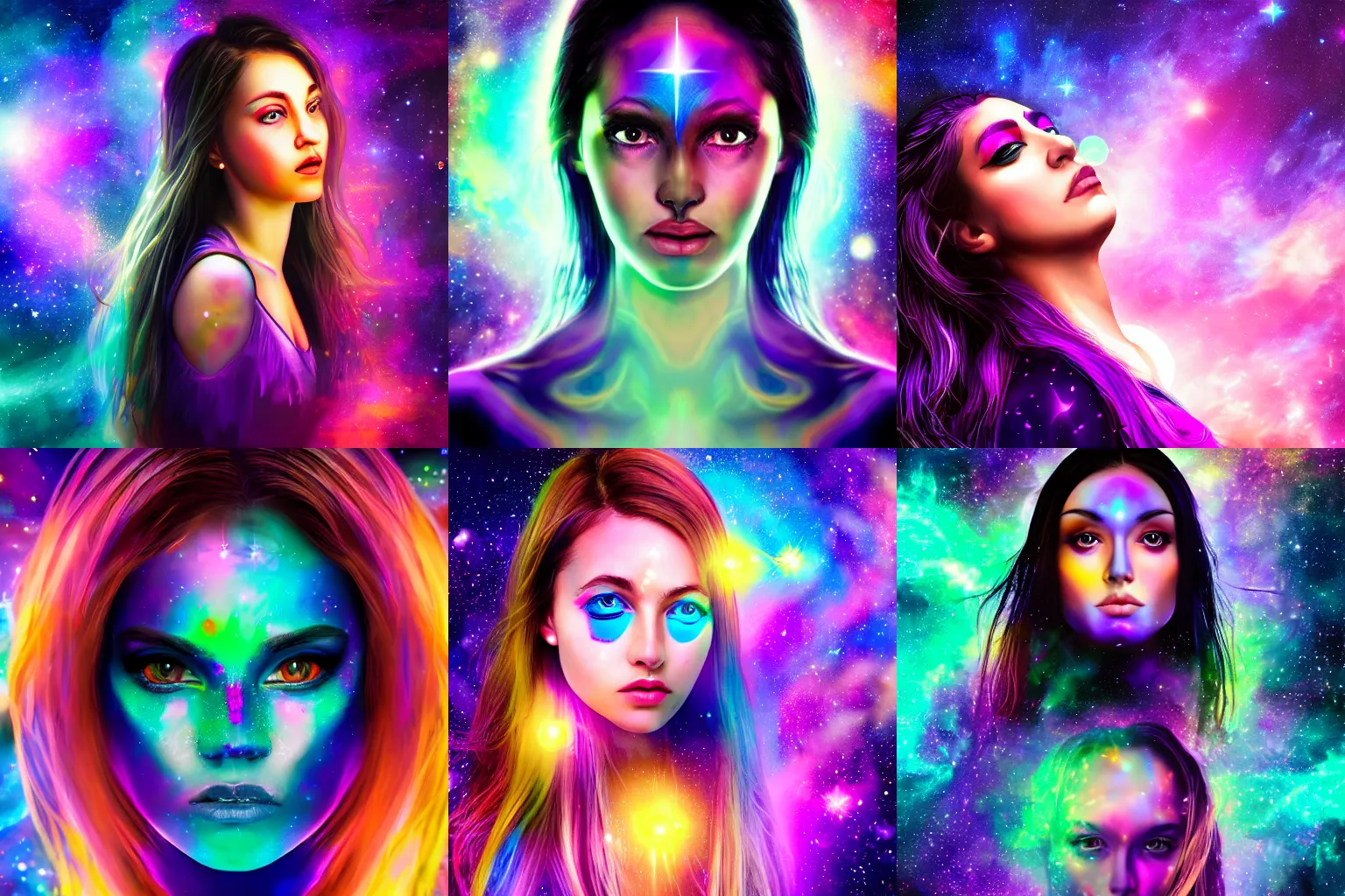 Prompt: a beautiful colorful digital portrait of an attractive girl with violet eyes and open third eye spiritual art, space background, breathtaking stars, hyperrealistic, photorealistic, hyper sharp, 4k, detailed, hypermaximalist, 8k, hyper realistic, 4k HDR,