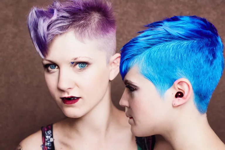 Image similar to photo of young cute punk woman with blue pixie cut posing, hyper detailed