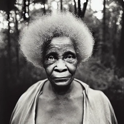 Prompt: old afro woman in the woods, close - up photograph, by sally mann