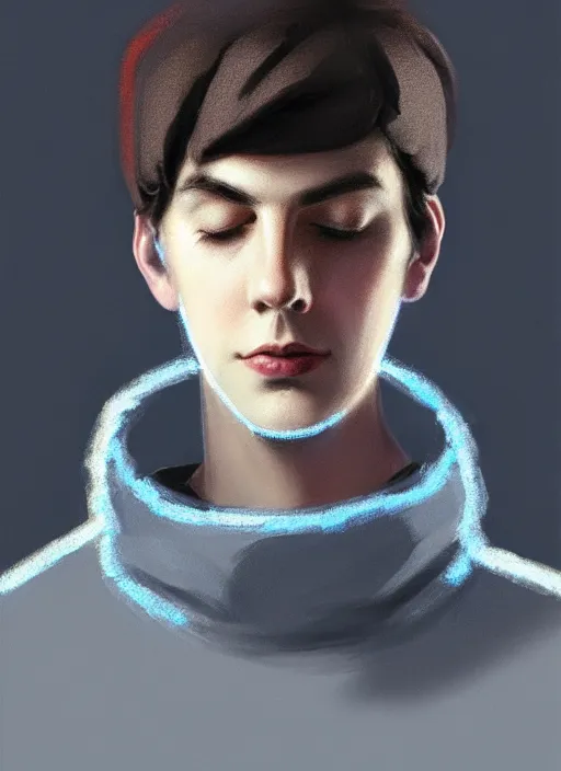 Prompt: portrait of teenage jughead jones wearing a light grey crown, crown, blue turtleneck, closed eyes, eyes closed, slight smile, black hair, intricate, elegant, glowing lights, highly detailed, digital painting, artstation, concept art, smooth, sharp focus, illustration, art by wlop, mars ravelo and greg rutkowski