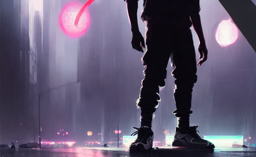 Prompt: single handsome black genius infiltrating the metaverse wearing jordans, urban atmosphere, glowing lights, highly detailed, digital painting, artstation, concept art, smooth, sharp focus, illustration, art by wlop, mars ravelo and greg rutkowski