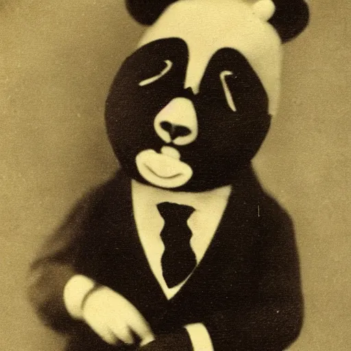 Image similar to a portrait of a humanoid panda wearing a tuxedo and a hat, 1 9 0 0, old, vintage, photography, grainy, award - winning